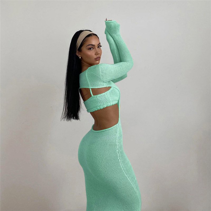 Waist Sexy Two Piece 2023 Casual Clothes Bodycon Sweater Dresses Hollow Out Pleated Slit Sexy