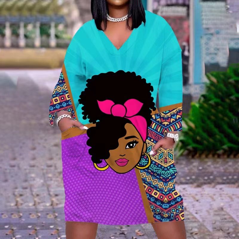 Hot Sale Long Sleeve Women'S Mid Long Sleeve Simple Plus Size Loose 3D Custom Pattern Printed Multicolor Dress