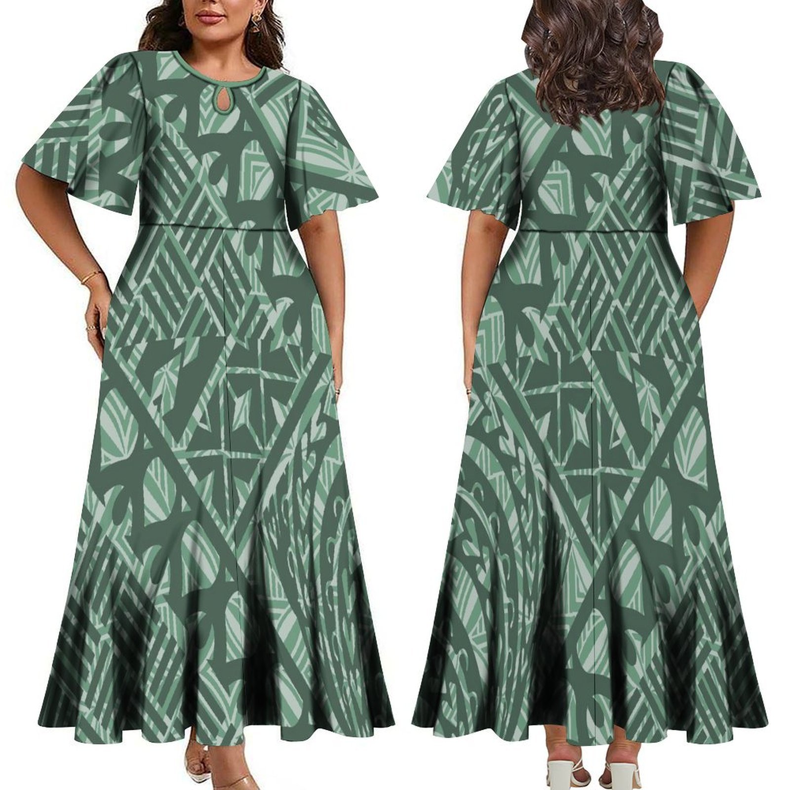 Wholesale Custom Polynesian Tribal Printed Half Flare Sleeve Long Party Dress Maxi Island Style Dress Plus Size Womens Clothing