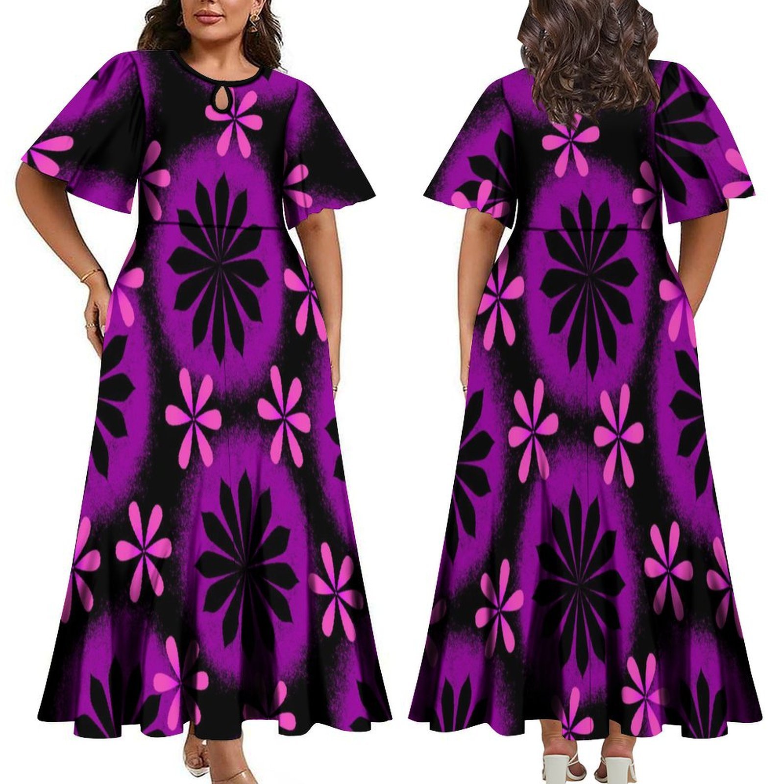 Wholesale Custom Polynesian Tribal Printed Half Flare Sleeve Long Party Dress Maxi Island Style Dress Plus Size Womens Clothing