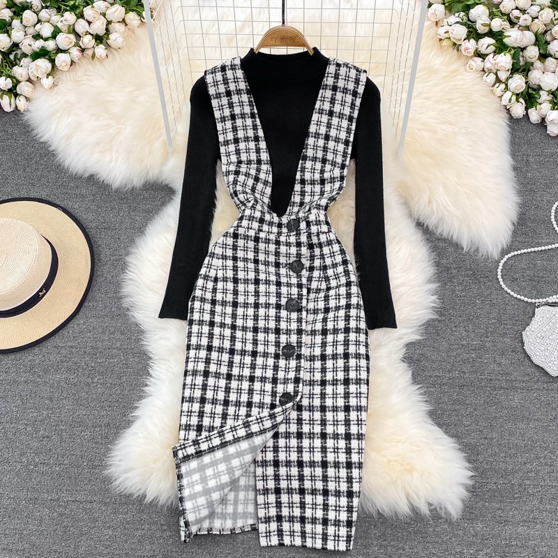 Plaid Suit Women's 2024 Autumn And Winter New Temperament Waist Slim Strap Dress Two-piece Set