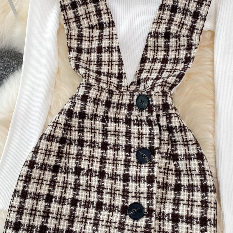 Plaid Suit Women's 2024 Autumn And Winter New Temperament Waist Slim Strap Dress Two-piece Set