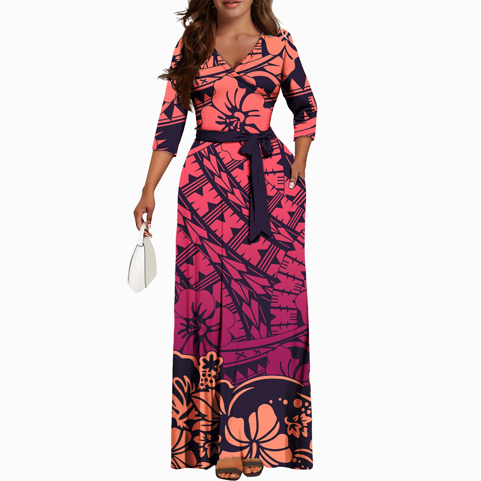 Pink Belt Casual Female Outfits Custom Lady hawaiian Island Women Clothing Manufacturers Samoan Puletasi Vintage Dresses