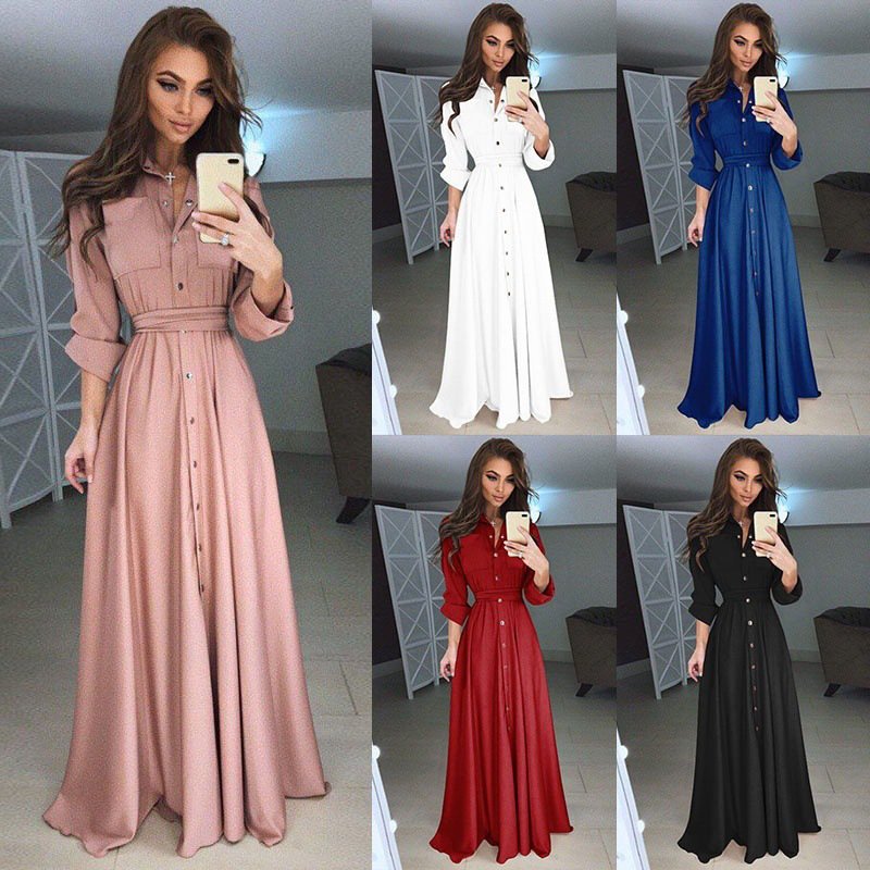 White Elegant Lapel Collar Women Belt Button up Long Shirt Dress Custom Logo Supplier Short Sleeve Vintage Casual Dresses Woven