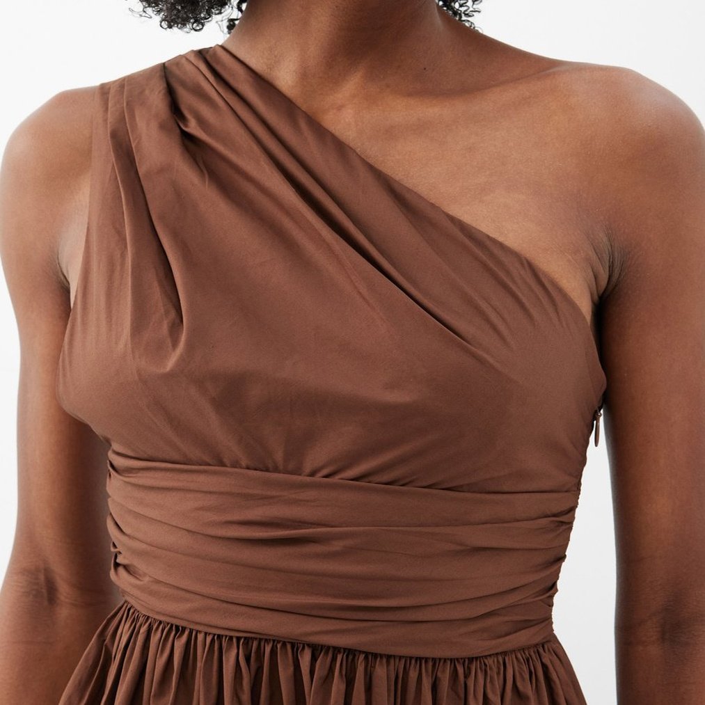Hot Sales Flowing A-line Silhouette Slip Pockets One-shoulder Gathered for Beach Organic-cotton Maxi Dresses