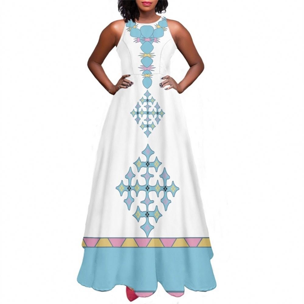 Bulk Ethiopia Flag Design White Ethiopian Dress Women Vintage Casual Plus Size African Dresses Custom Elegant Long Maxi Dress