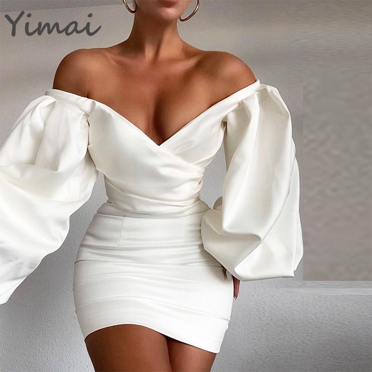 OEM Custom Off Shoulder Fashion Party Club Wear Strapless V-Neck Backless Loose Long Sleeve Folds Spring Women's Dress