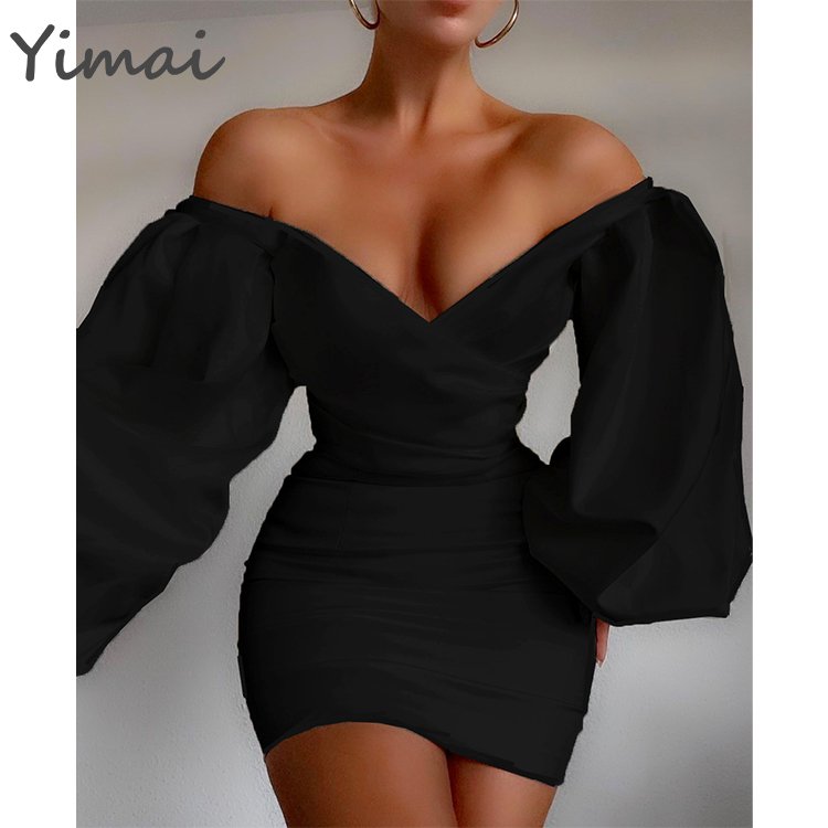 OEM Custom Off Shoulder Fashion Party Club Wear Strapless V-Neck Backless Loose Long Sleeve Folds Spring Women's Dress