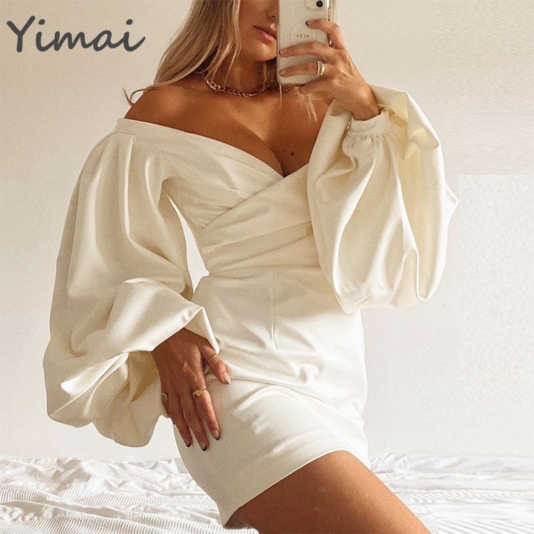 OEM Custom Off Shoulder Fashion Party Club Wear Strapless V-Neck Backless Loose Long Sleeve Folds Spring Women's Dress