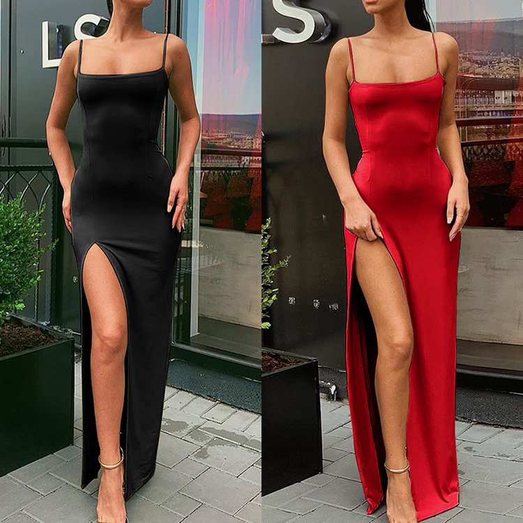 Tixu summer new slim waist daily casual slit strap dresses for women