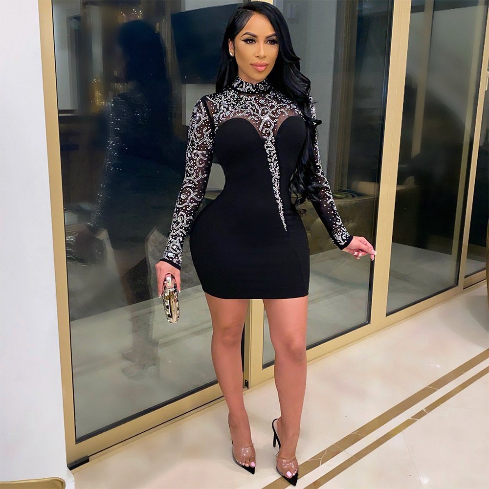C13159 women sexy see through rhinestone long sleeve club dress