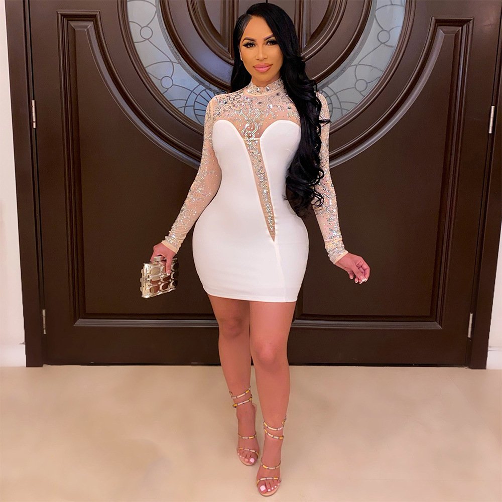 C13159 women sexy see through rhinestone long sleeve club dress