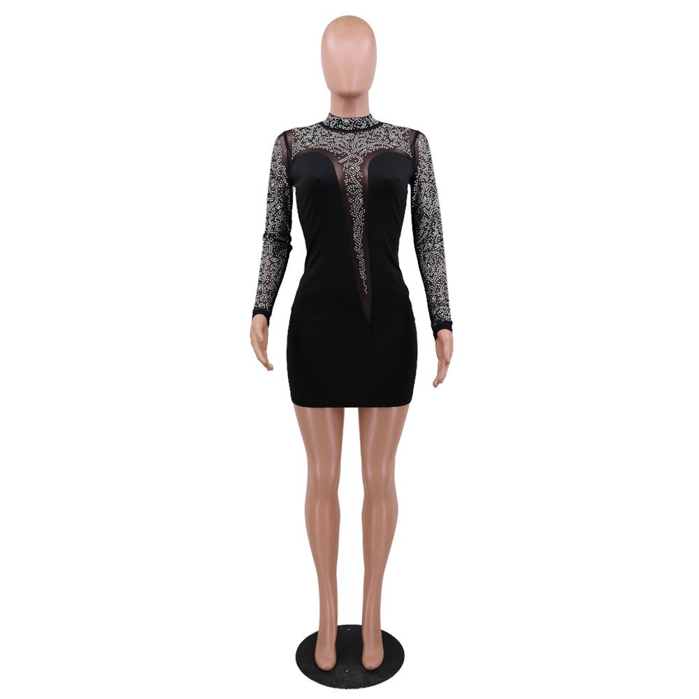 C13159 women sexy see through rhinestone long sleeve club dress