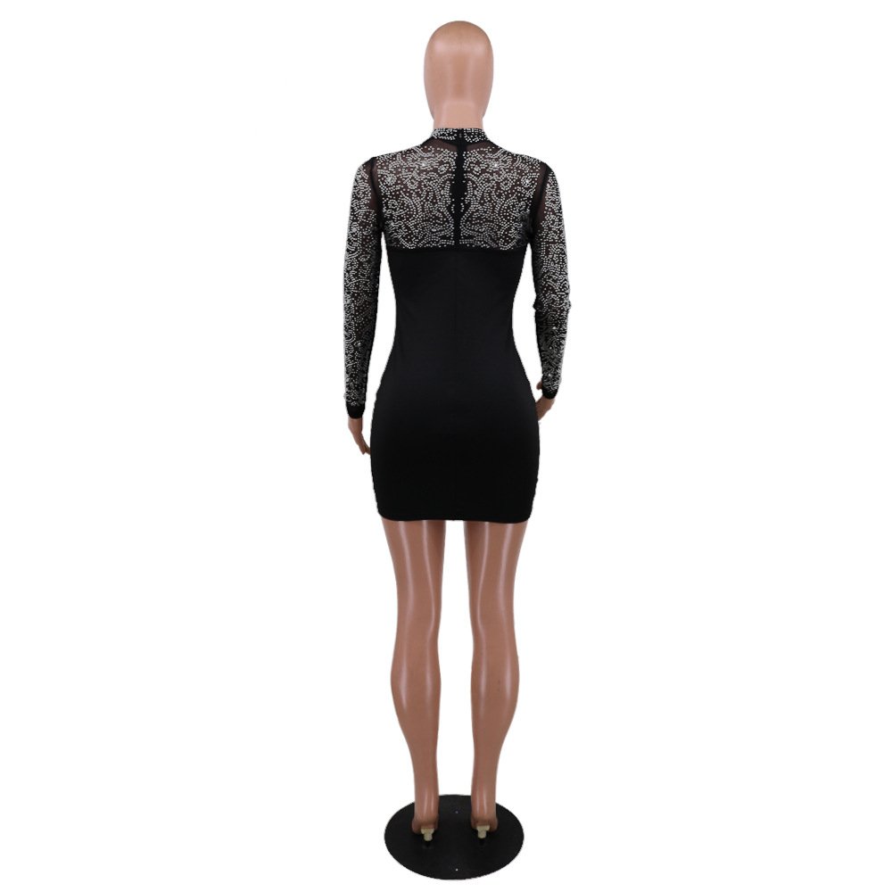 C13159 women sexy see through rhinestone long sleeve club dress