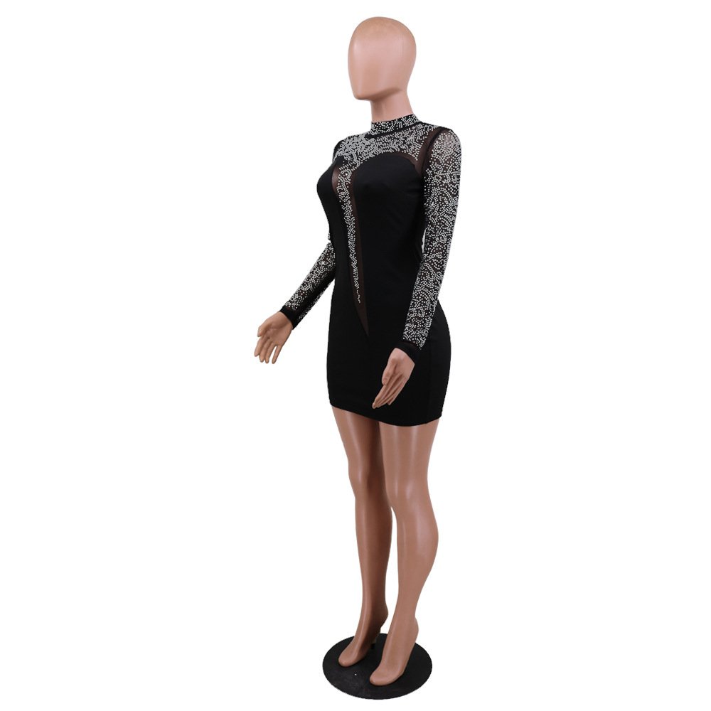 C13159 women sexy see through rhinestone long sleeve club dress