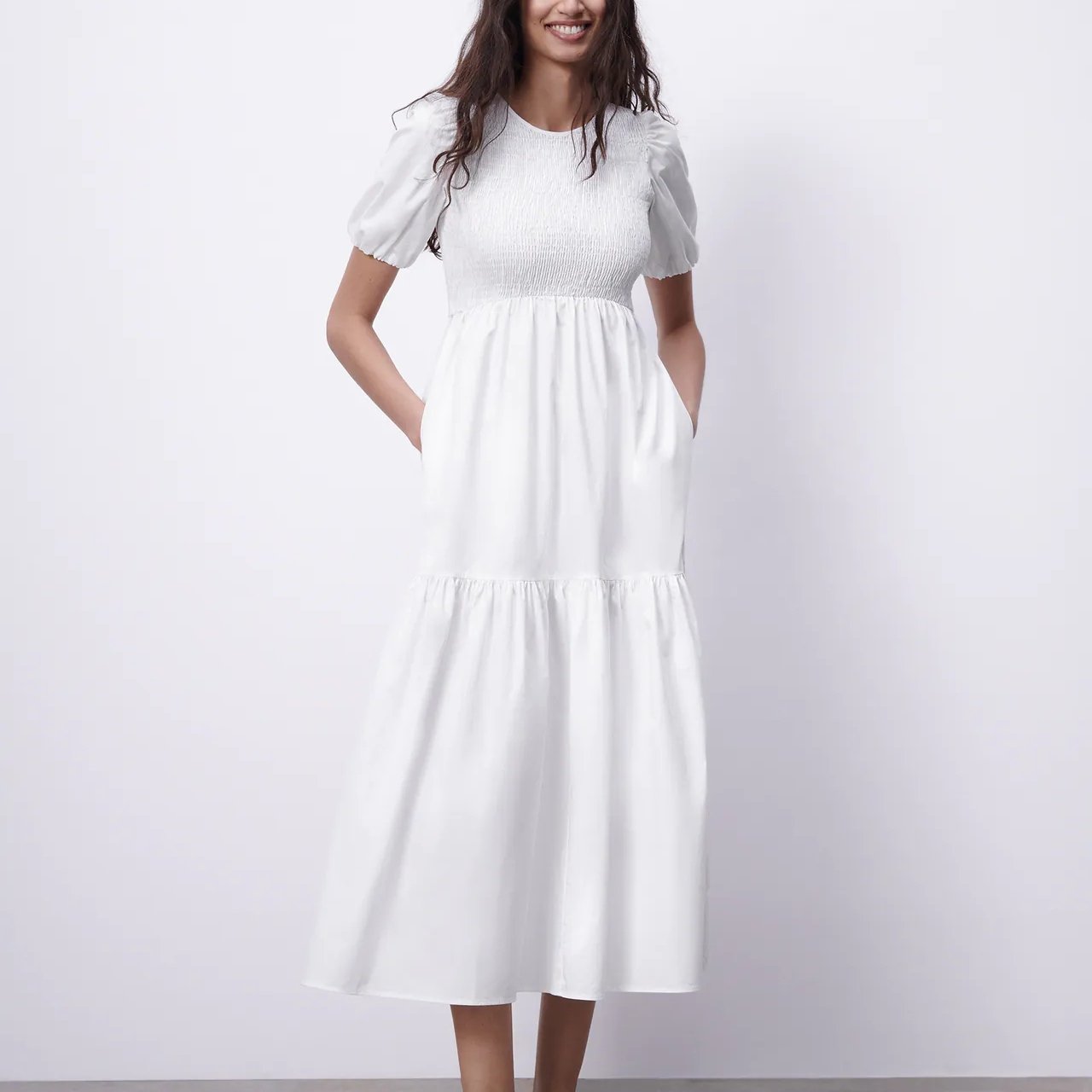 Long A line Smocking Dress White Cotton Summer Casual Dresses Natural OEM Service Round Neck Short Sleeve Hot Sale Custom Women