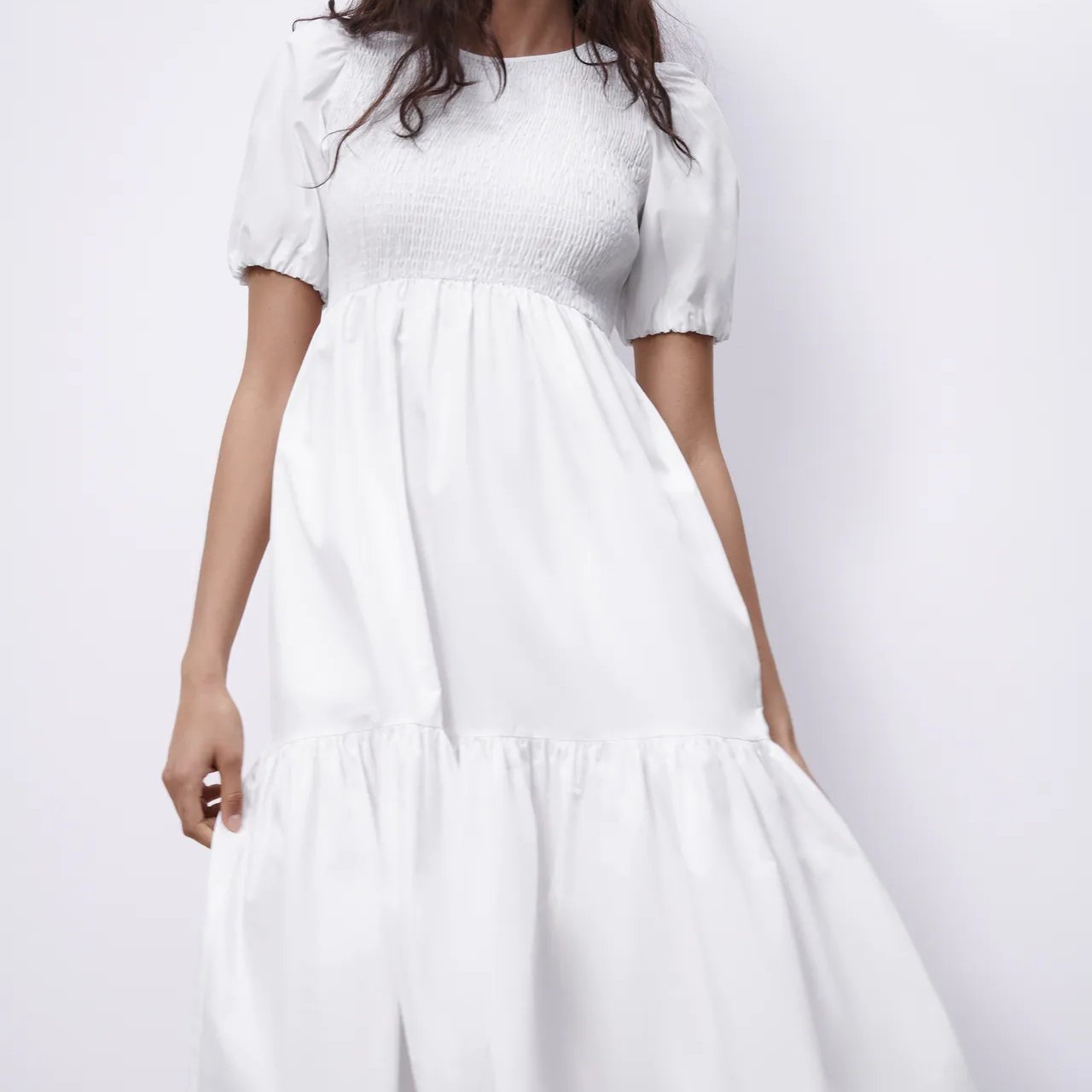 Long A line Smocking Dress White Cotton Summer Casual Dresses Natural OEM Service Round Neck Short Sleeve Hot Sale Custom Women