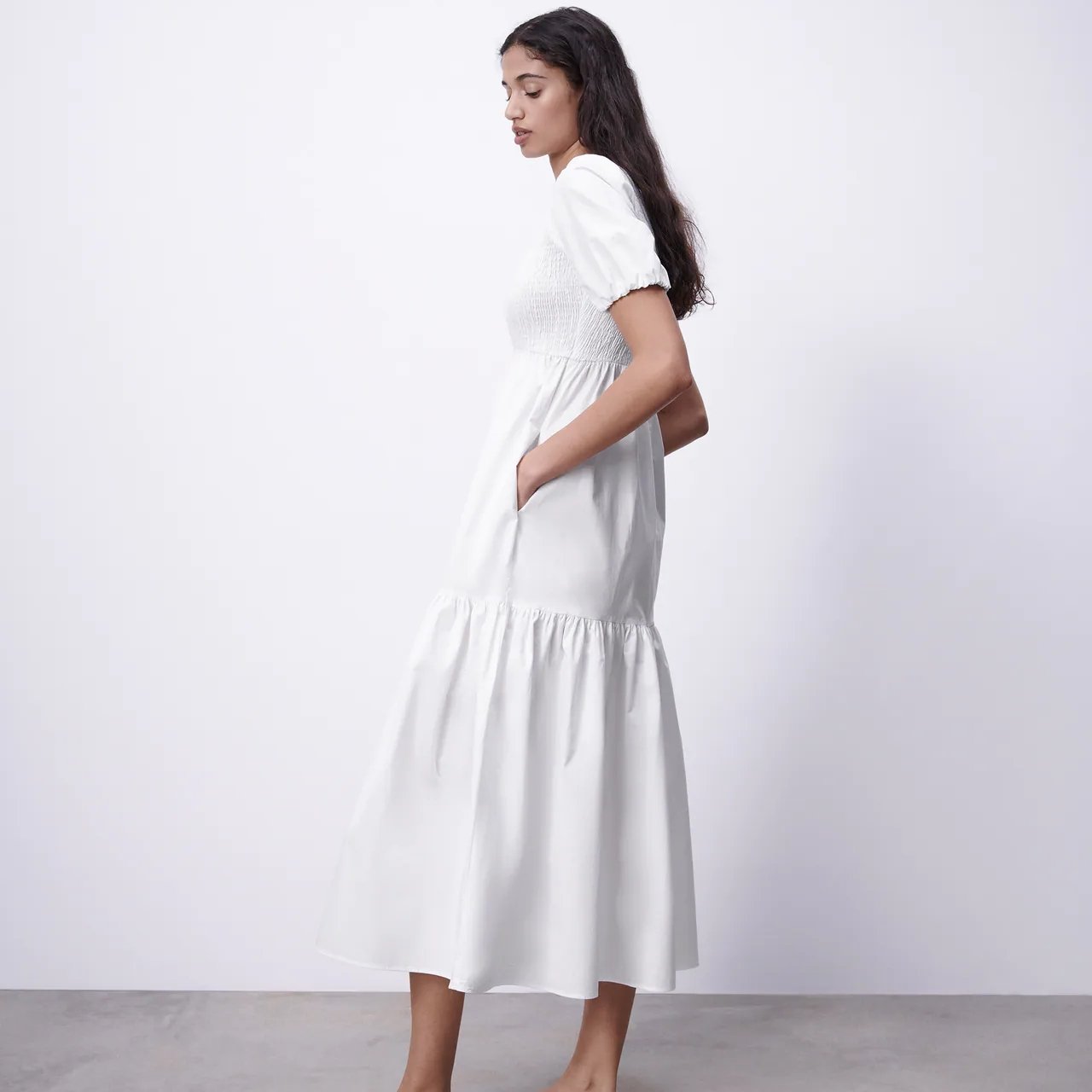 Long A line Smocking Dress White Cotton Summer Casual Dresses Natural OEM Service Round Neck Short Sleeve Hot Sale Custom Women