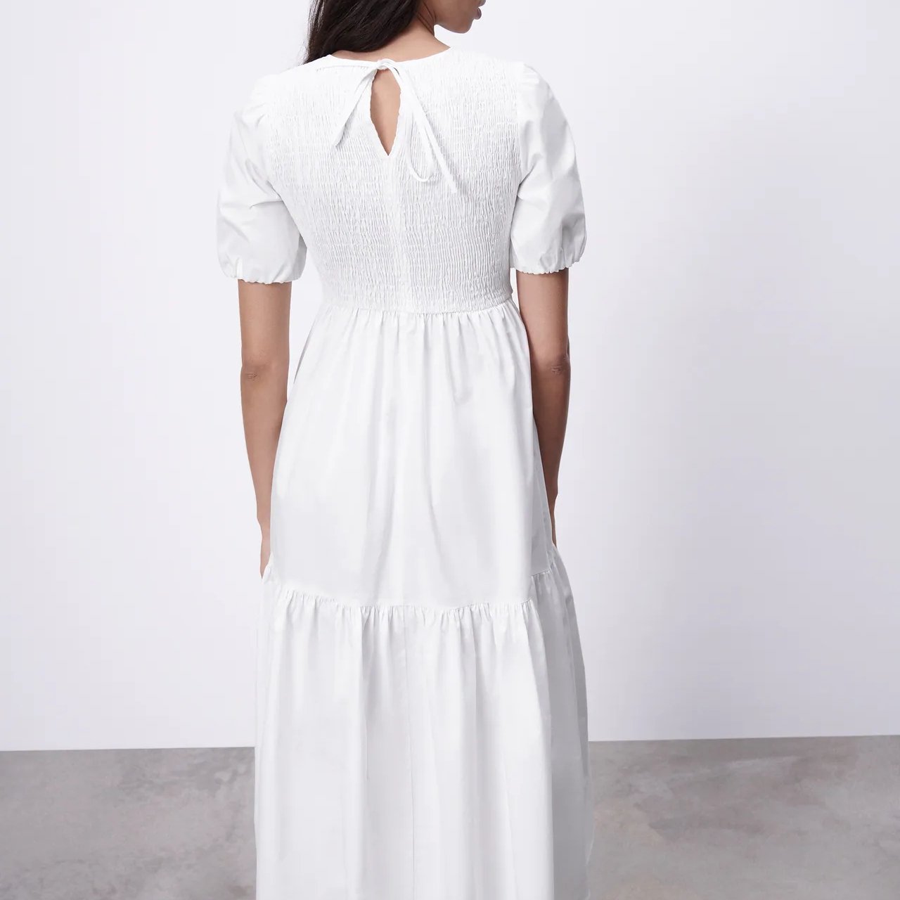 Long A line Smocking Dress White Cotton Summer Casual Dresses Natural OEM Service Round Neck Short Sleeve Hot Sale Custom Women