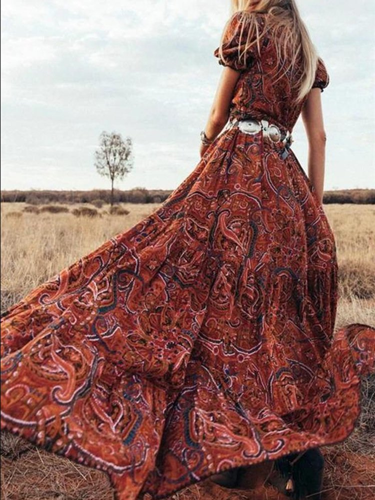 High Quality Custom Logo Women Lady Elegant Vintage Dresses V-Neck Floral Print Ruffled Casual Dresses