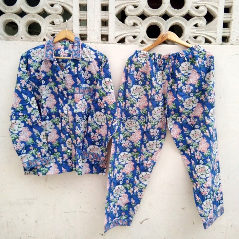 Beautiful Hand Block Printed Cotton Long Pajama Set For Night Sleep Wear Women Clothing, Floral Print Pj Set Comfy Casual Wear