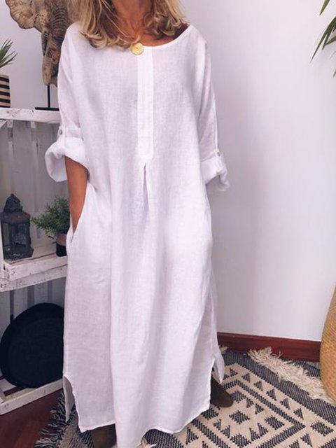 Custom Logo Ladies Comfortable Polyester Cotton Maxi Dresses Large Size Loose O-Neck Long Sleeve Women Casual Dress Shirts