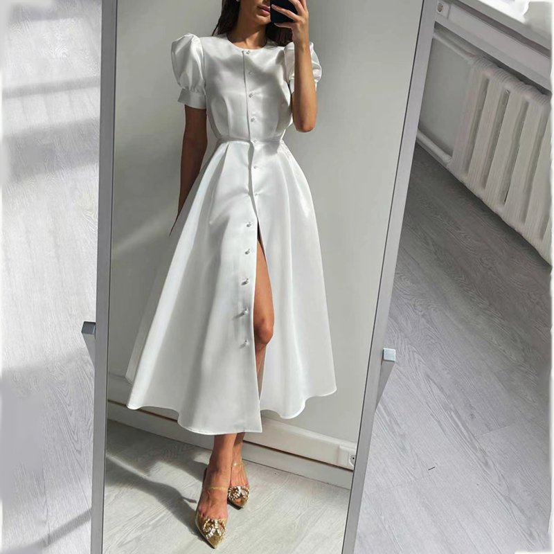 Fashion New Satin Solid Color High-waisted Cardigan Buttons Elegant Dresses Short Sleeve A-line Midi Casual Dresses Women