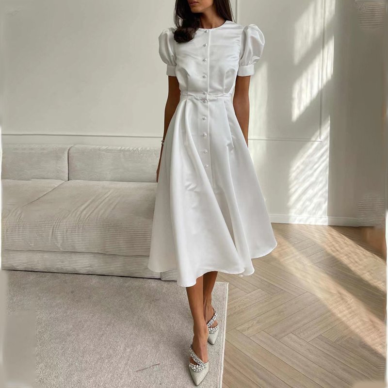 Fashion New Satin Solid Color High-waisted Cardigan Buttons Elegant Dresses Short Sleeve A-line Midi Casual Dresses Women