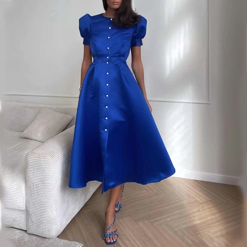 Fashion New Satin Solid Color High-waisted Cardigan Buttons Elegant Dresses Short Sleeve A-line Midi Casual Dresses Women