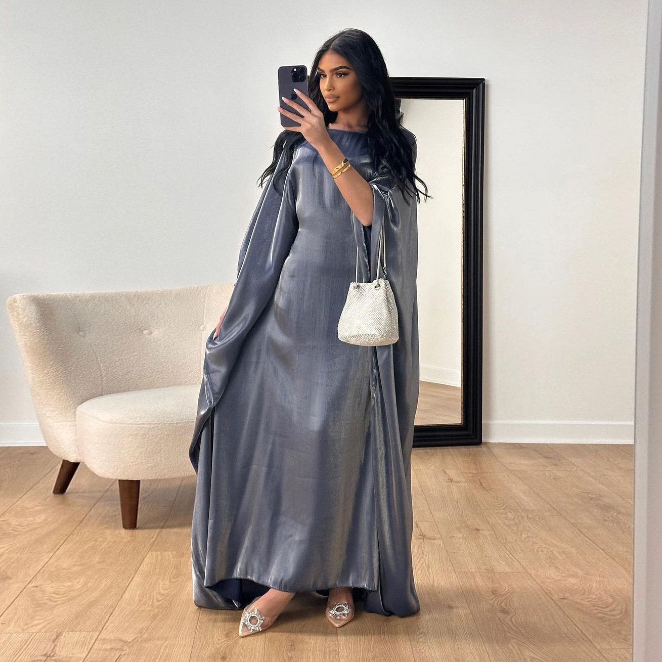High Quality New Dubai Plain Color Clothing Dress Robe Turkey Muslim Ladies Long Sleeve Maxi Kaftan Abaya Shiny Glitter Dresses