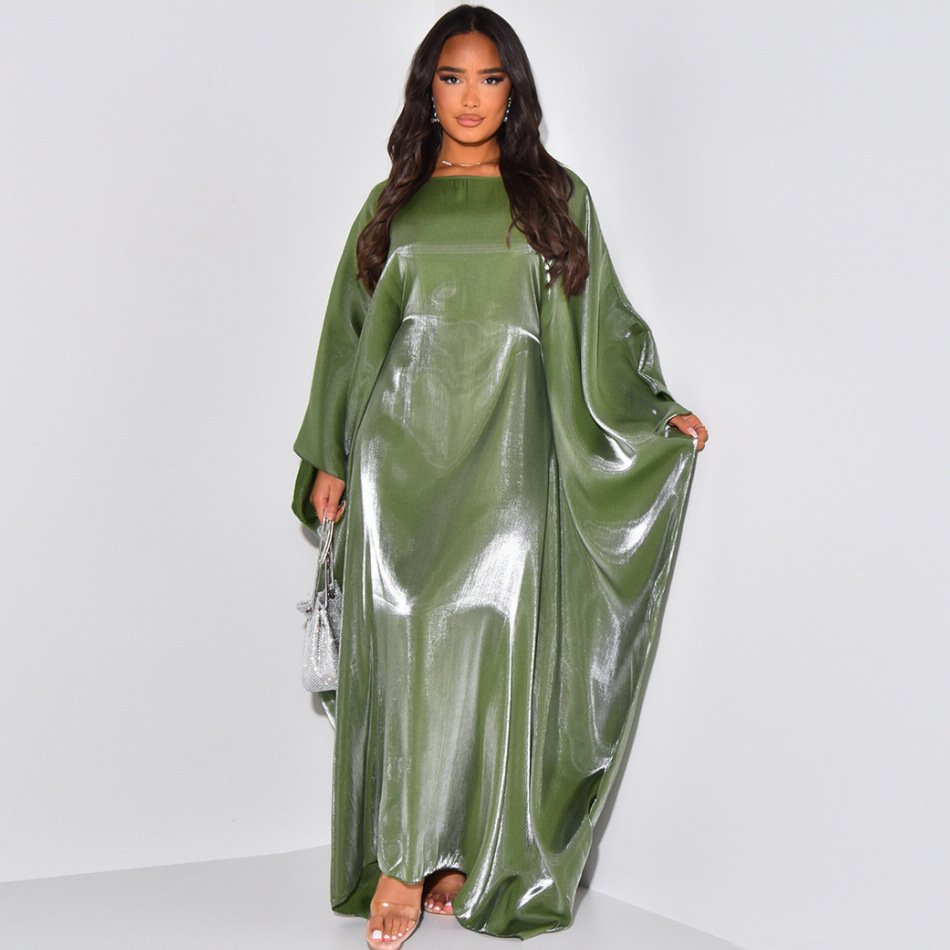 High Quality New Dubai Plain Color Clothing Dress Robe Turkey Muslim Ladies Long Sleeve Maxi Kaftan Abaya Shiny Glitter Dresses