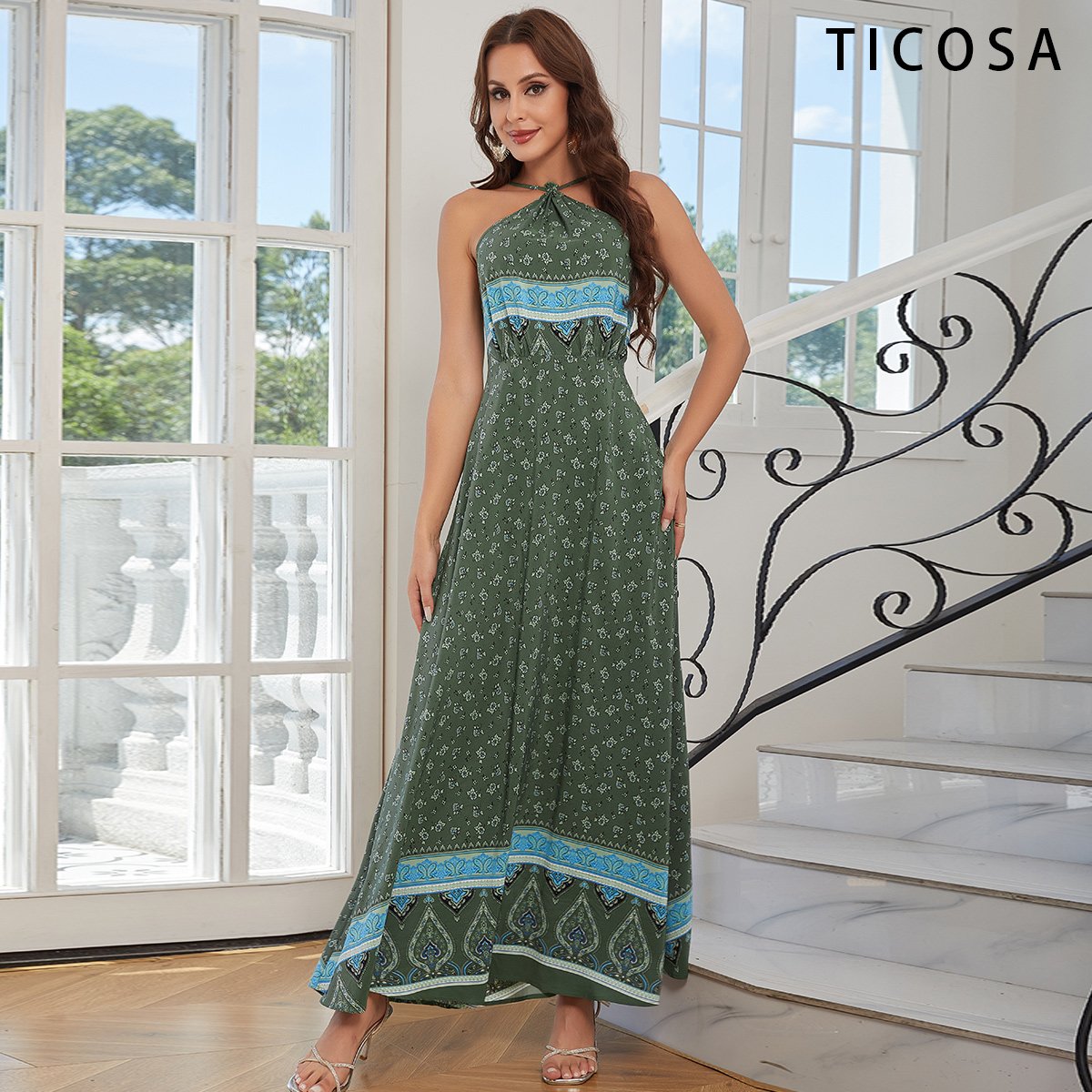 Beach Holiday Print Dress Backless Section Big Swing Elegant Summer Women Casual Dresses