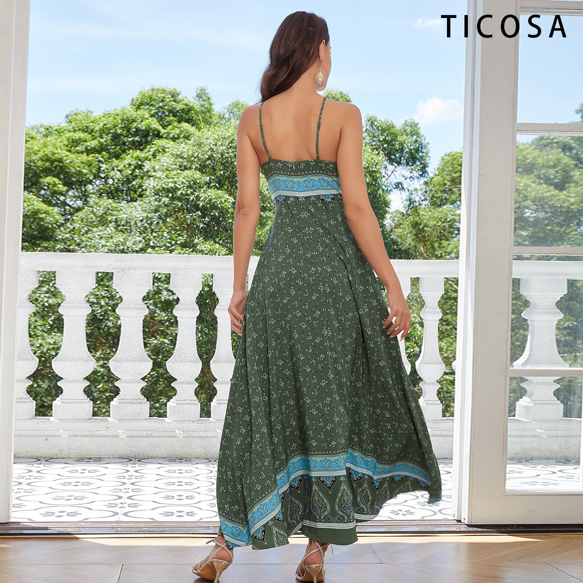 Beach Holiday Print Dress Backless Section Big Swing Elegant Summer Women Casual Dresses