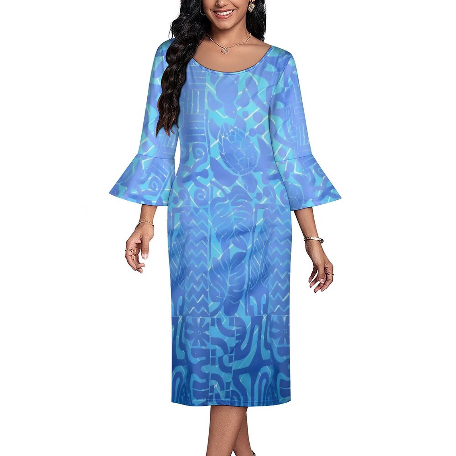 Polynesian Elei Tribal Design Custom Big Size 7XL Casual Formal Normcore Flared Mid-Sleeve Dress Women's Dress
