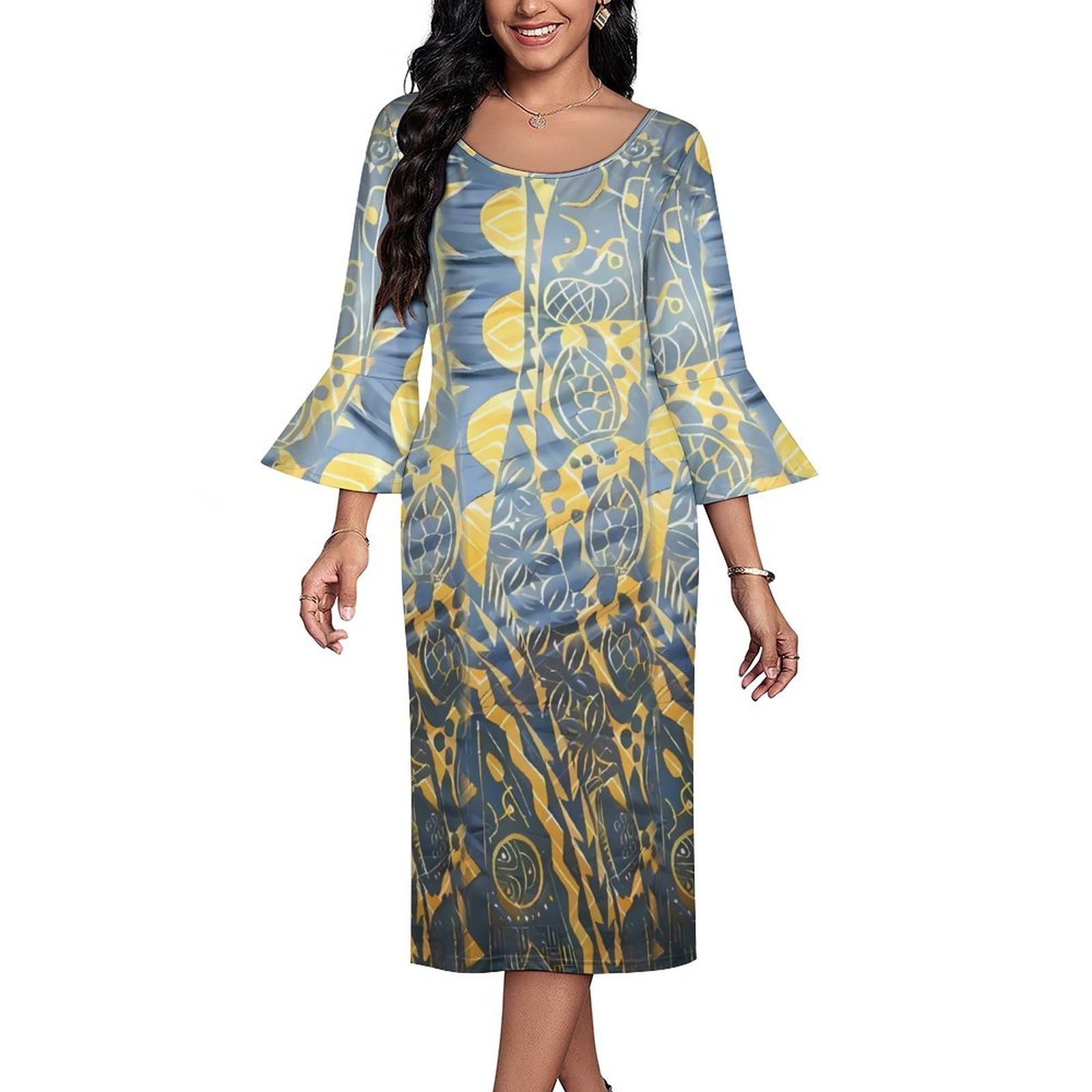 Polynesian Elei Tribal Design Custom Big Size 7XL Casual Formal Normcore Flared Mid-Sleeve Dress Women's Dress