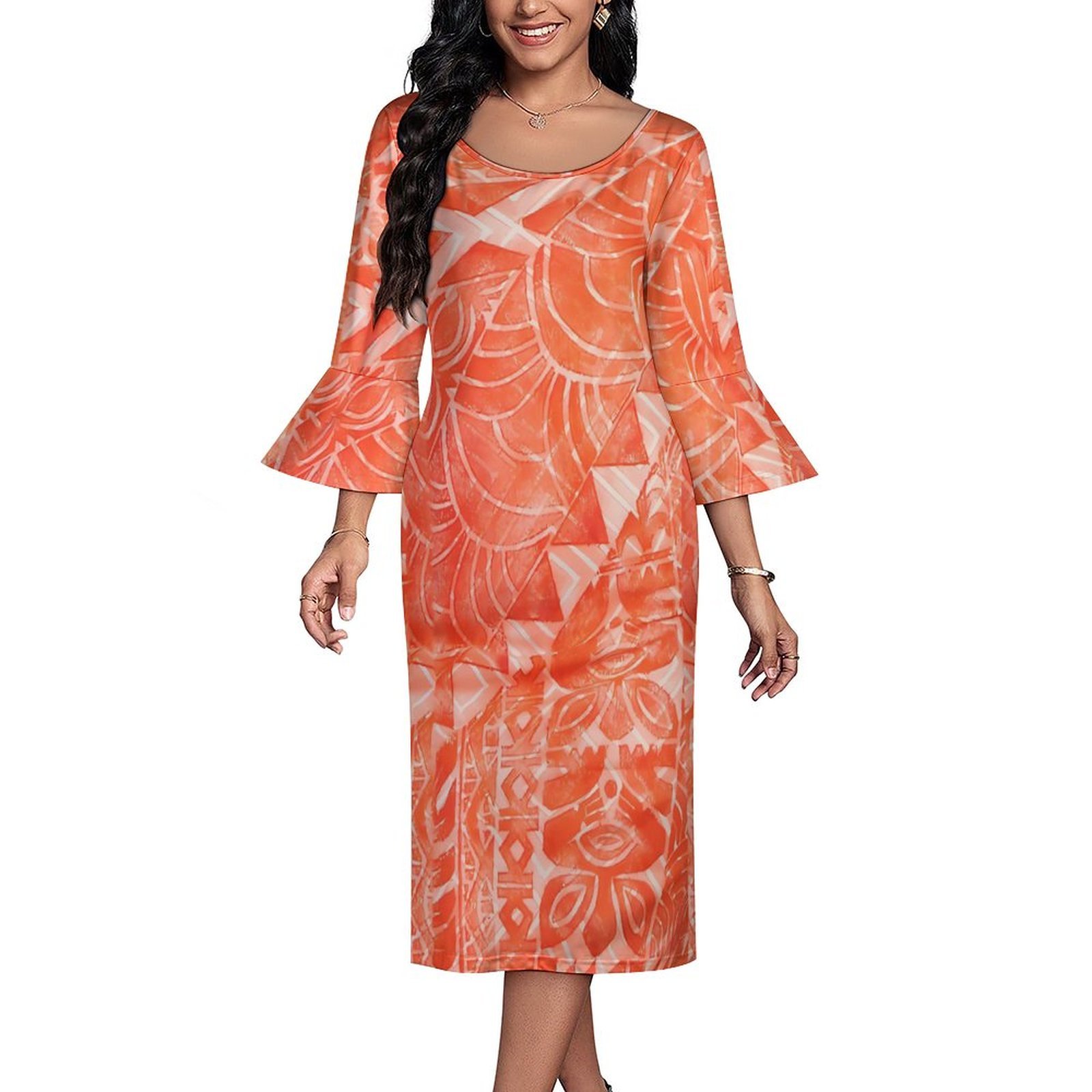 Polynesian Elei Tribal Design Custom Big Size 7XL Casual Formal Normcore Flared Mid-Sleeve Dress Women's Dress
