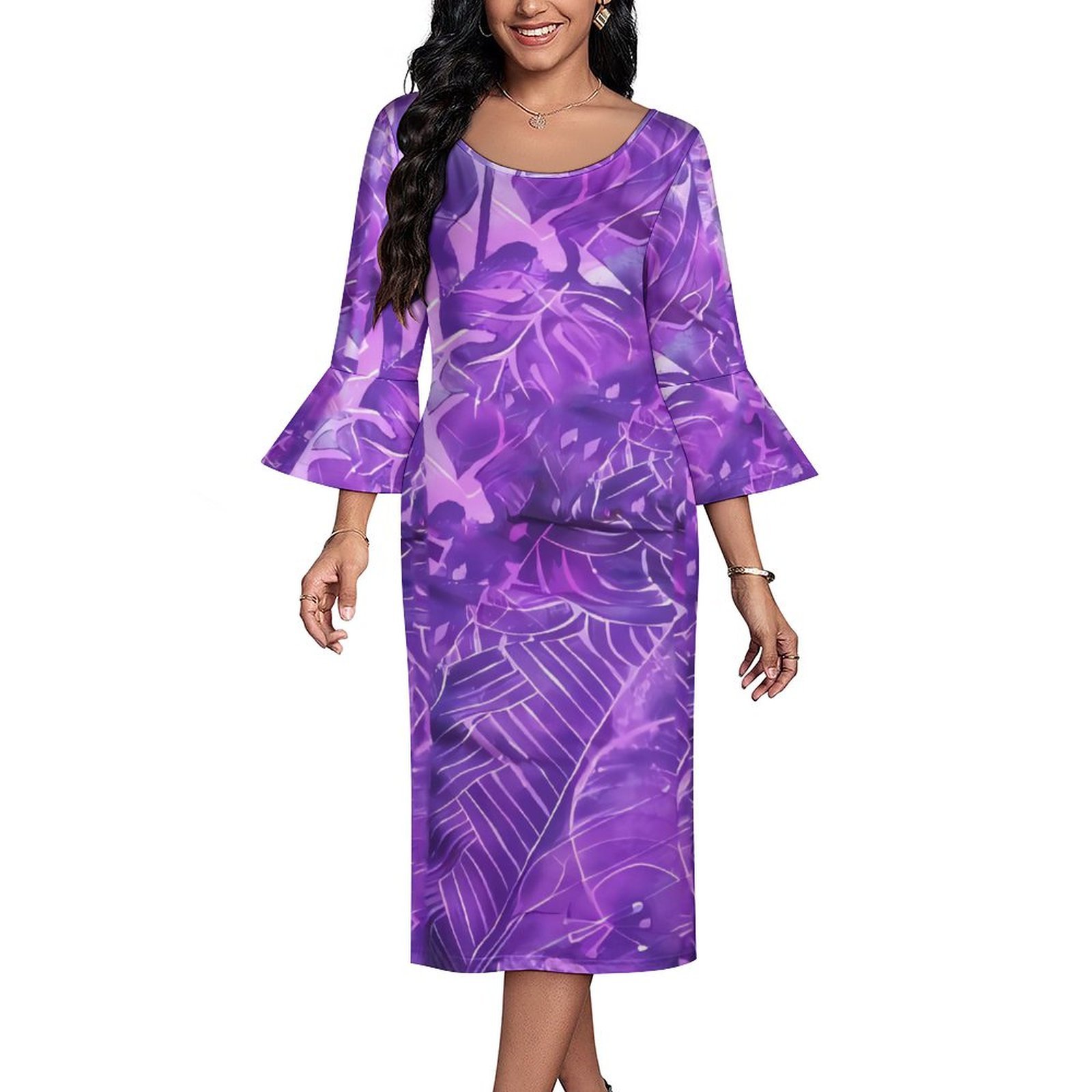 Polynesian Elei Tribal Design Custom Big Size 7XL Casual Formal Normcore Flared Mid-Sleeve Dress Women's Dress