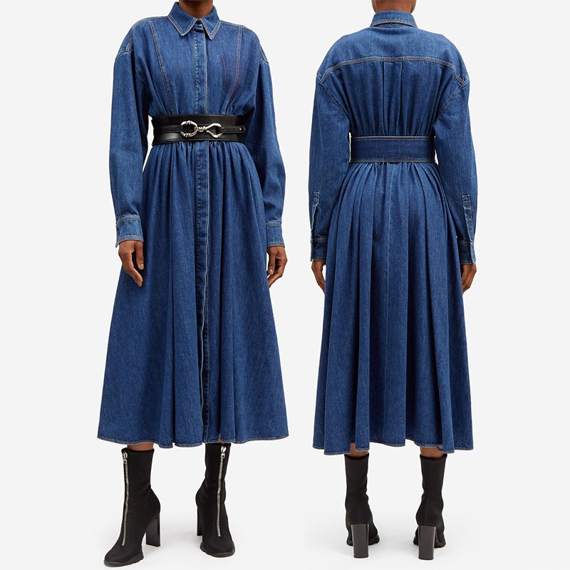 Custom autumn long sleeves fashion droped maxi dress blue denim casual dress women