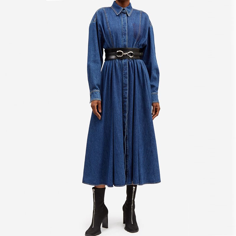 Custom autumn long sleeves fashion droped maxi dress blue denim casual dress women