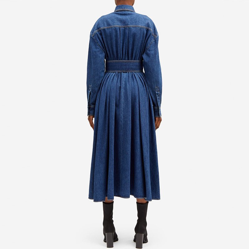 Custom autumn long sleeves fashion droped maxi dress blue denim casual dress women