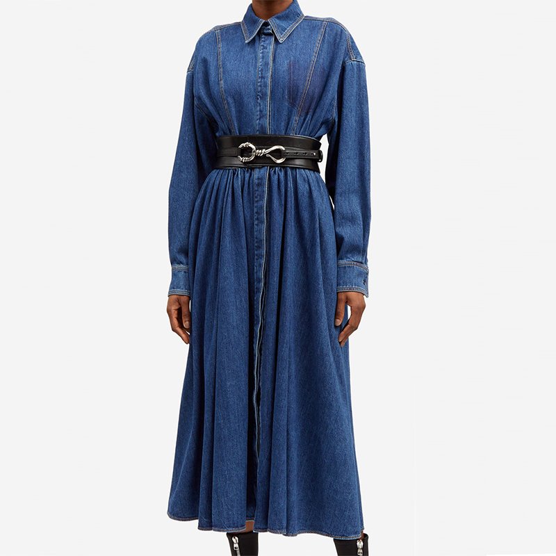 Custom autumn long sleeves fashion droped maxi dress blue denim casual dress women