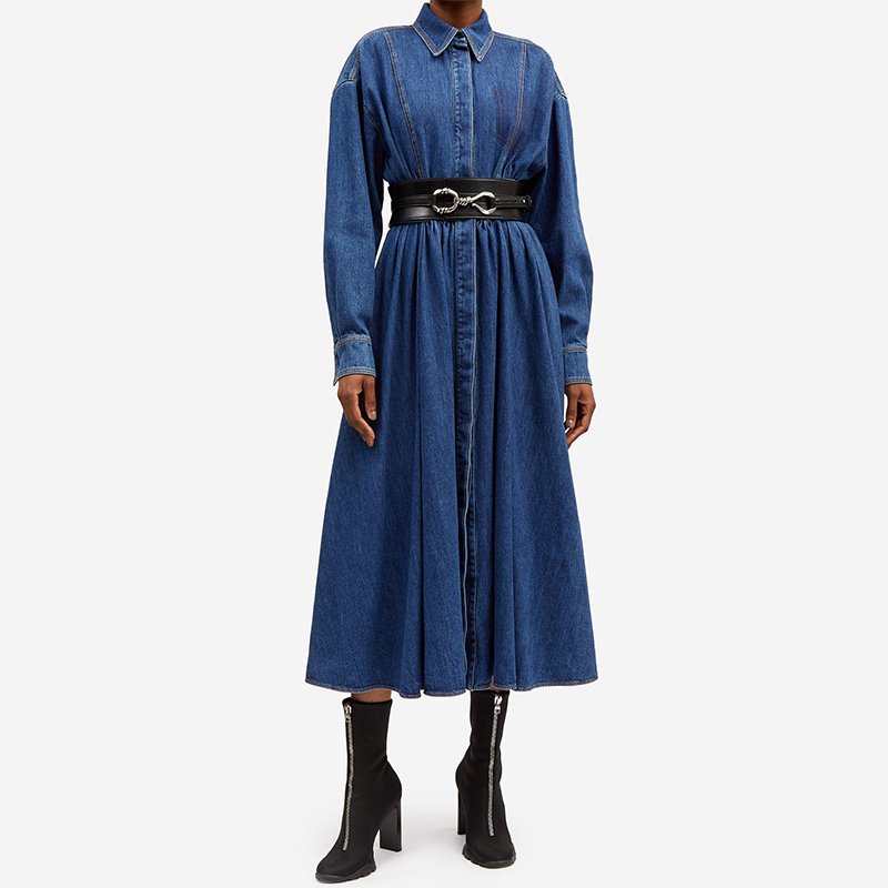 Custom autumn long sleeves fashion droped maxi dress blue denim casual dress women