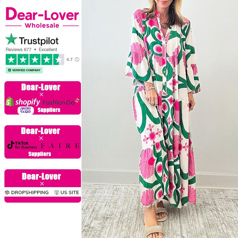 Dear-Lover Vestidos Casuales Pink Boho Floral Printed Long Sleeve Buttoned Loose Maxi Dresses Women