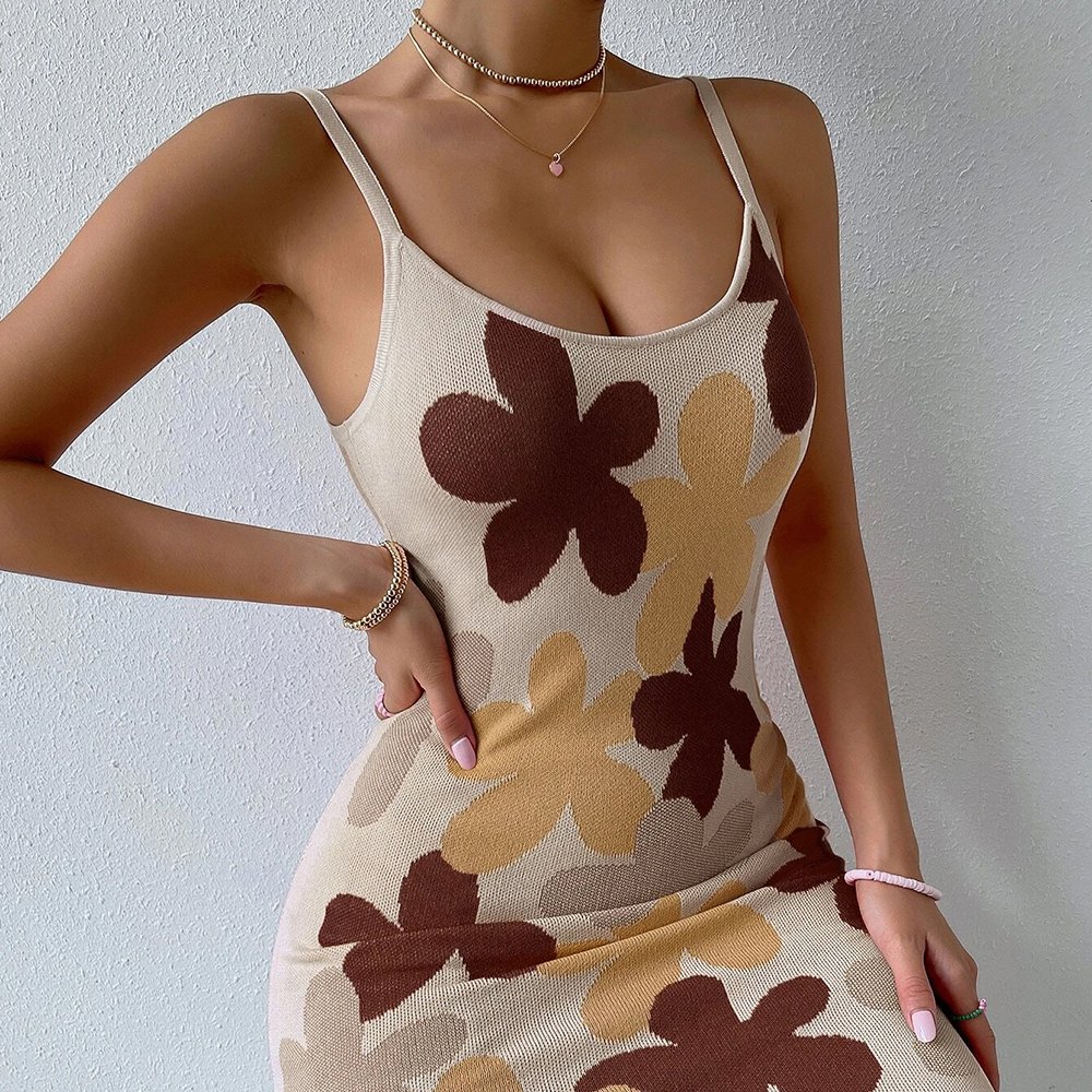 High Quality Floral-Print Jacquard Sling Dress Knit Dresses Print Casual Dress For Woman