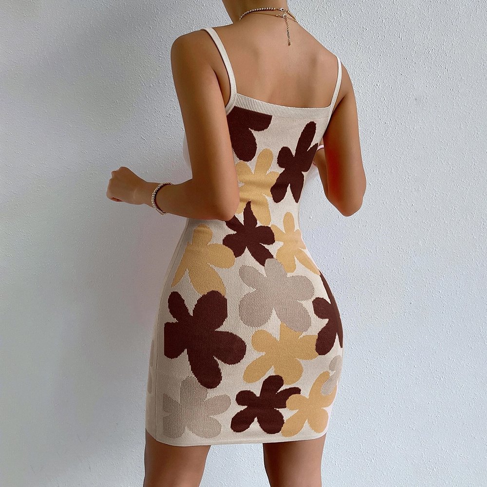 High Quality Floral-Print Jacquard Sling Dress Knit Dresses Print Casual Dress For Woman