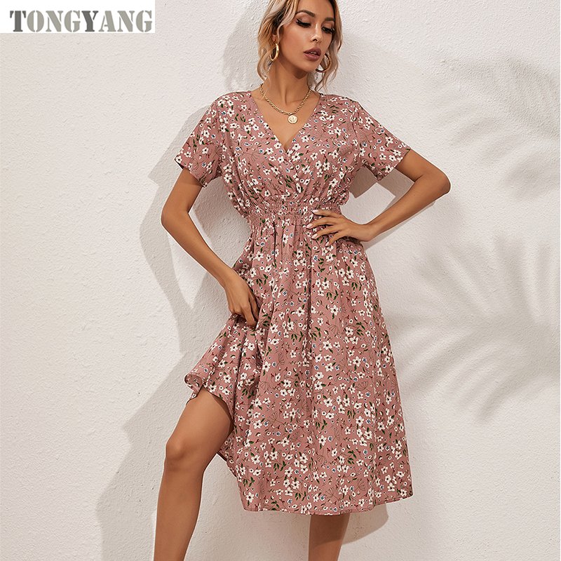 TONGYANG Summer Bohemia Floral Dress Women Casual V Neck Short Sleeve Tunic Waist A-Line Skirts Sandbeach Holiday Dresses Ladies