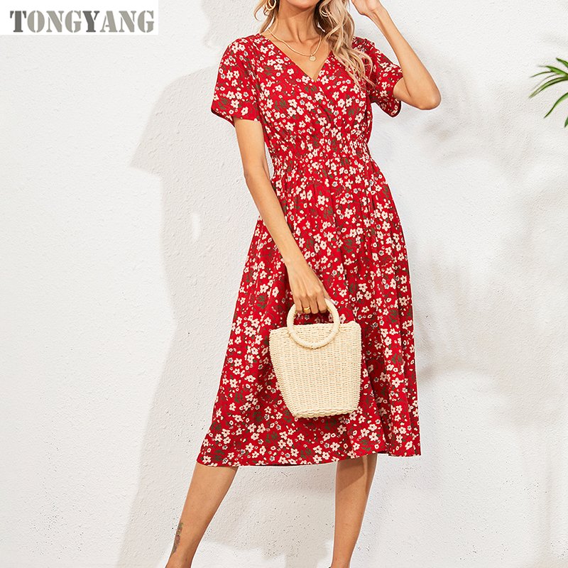 TONGYANG Summer Bohemia Floral Dress Women Casual V Neck Short Sleeve Tunic Waist A-Line Skirts Sandbeach Holiday Dresses Ladies