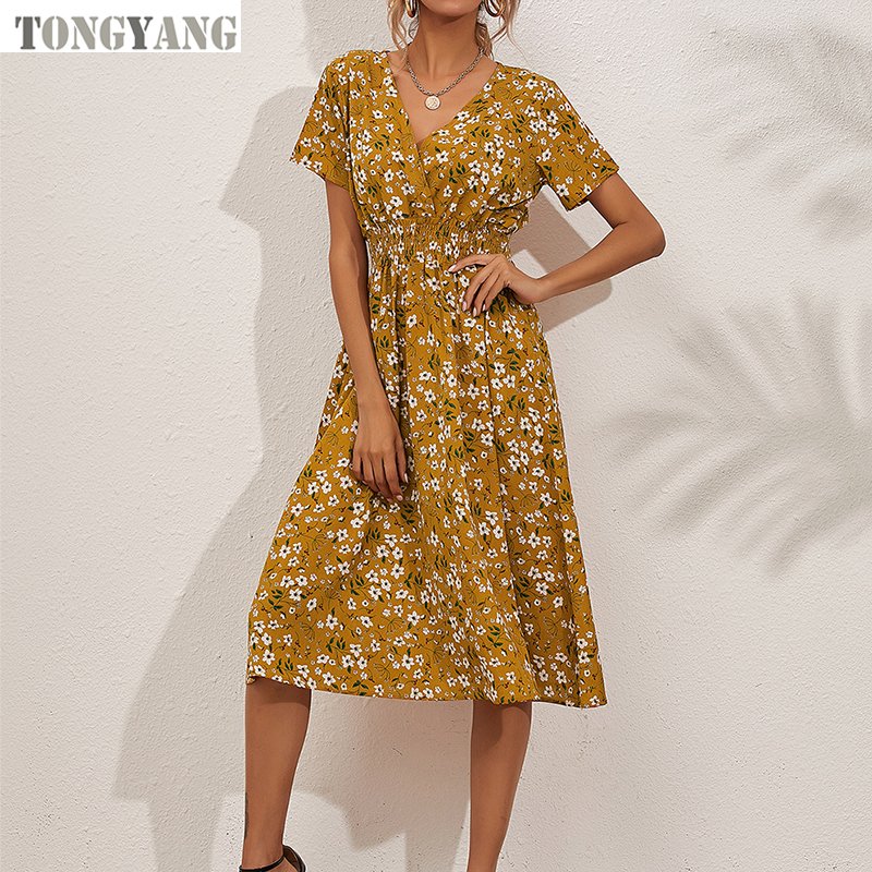 TONGYANG Summer Bohemia Floral Dress Women Casual V Neck Short Sleeve Tunic Waist A-Line Skirts Sandbeach Holiday Dresses Ladies