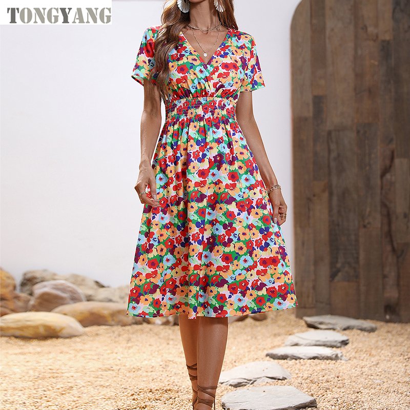 TONGYANG Summer Bohemia Floral Dress Women Casual V Neck Short Sleeve Tunic Waist A-Line Skirts Sandbeach Holiday Dresses Ladies