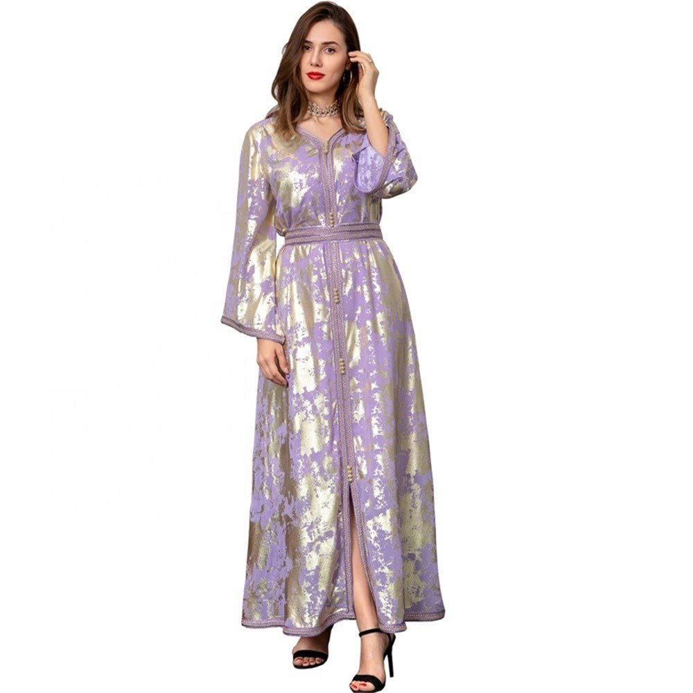 Spring 2022 New Middle East Muslim Bronzing Robe Female Sequin Abaya Dress With Belt Dubai Islamic Abaya Cardigan Kaftan Dress